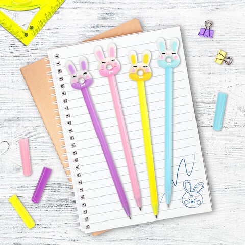 Ручка с топпером шариковая ЮНЛАНДИЯ "Зайка-пончик", корпус ассорти, СИНЯЯ, пишущий узел 0,7 мм, 143802 143802