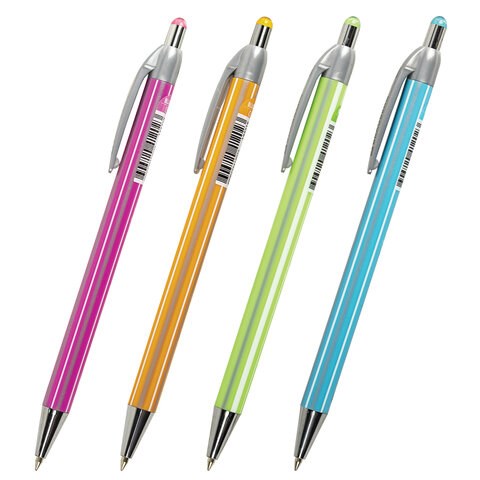 Ручка шариковая автоматическая BRAUBERG "Stripes", СИНЯЯ, корпус ассорти, пишущий узел 0,5 мм, линия письма 0,3 мм, 144219 144219