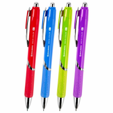 Ручка шариковая автоматическая с грипом BRAUBERG DELTA COLOR, СИНЯЯ, ассорти, узел 0,7 мм, линия письма 0,35 мм, 144202 144202
