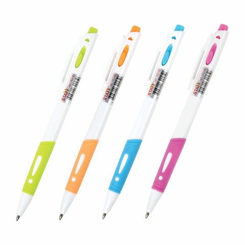 Ручка шариковая автоматическая с грипом STAFF "BP-16 White", СИНЯЯ, ассорти, линия письма 0,35 мм, 143749 143749