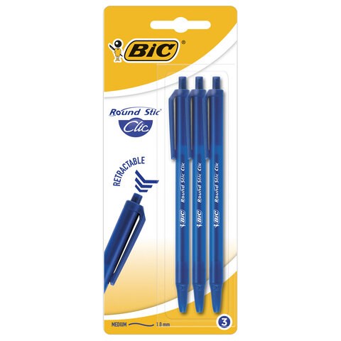 Ручки шариковые автоматические BIC "Round Stic Clic", НАБОР 3 шт., СИНИЕ, линия письма 0,32 мм, блистер, 926374 143981