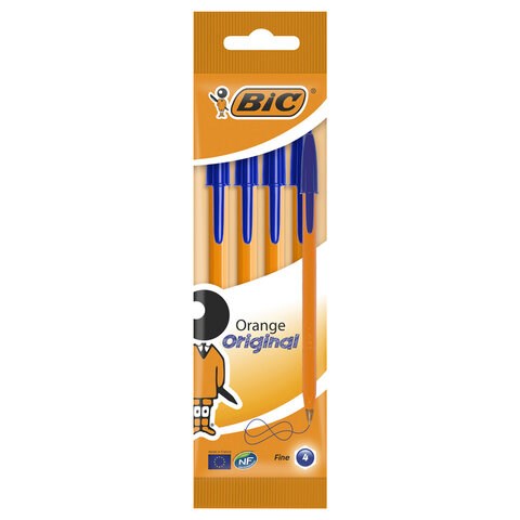 Ручки шариковые BIC "Orange Original", НАБОР 4 шт., СИНИЕ, узел 0,8 мм, линия письма 0,3 мм, пакет, 8308521 141308