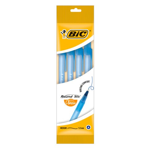 Ручки шариковые BIC "Round Stic", НАБОР 4 шт., СИНИЕ, узел 1 мм, линия письма 0,32 мм, пакет, 944176 143975
