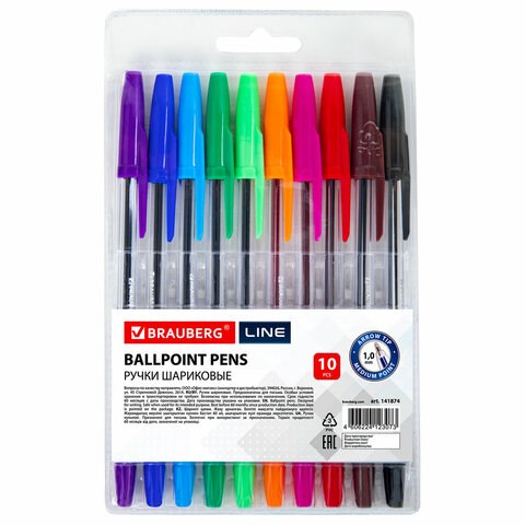 Ручки шариковые BRAUBERG, НАБОР 10 шт., АССОРТИ, "Line", корпус прозрачный, узел 1 мм, линия письма 0,5 мм, 141874 141874