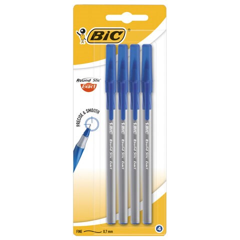 Ручки шариковые с грипом BIC "Round Stic Exact", НАБОР 4 шт., СИНИЕ, линия письма 0,28 мм, блистер, 932857 143978