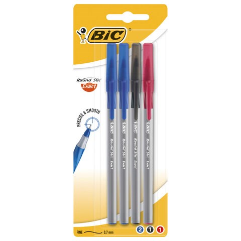 Ручки шариковые с грипом BIC "Round Stic Exact", НАБОР 4 шт./3 ЦВЕТА (синий, черный, красный), линия письма 0,28 мм, блистер, 932858 143979
