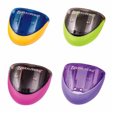 Точилка BRAUBERG "Space", 2 отверстия для чернографитных карандашей (в том числе утолщенных), резиновый упор, с контейнером, ассорти, 223589 223589