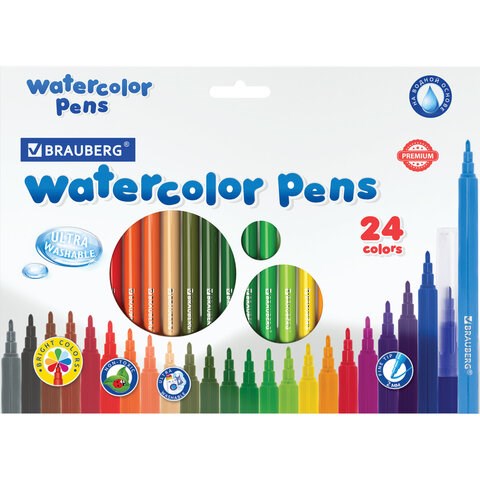 Фломастеры BRAUBERG "PREMIUM", 24 цвета, УЛЬТРАСМЫВАЕМЫЕ, классические, вентилируемый колпачок, картонная коробка с европодвесом, 151940 151940