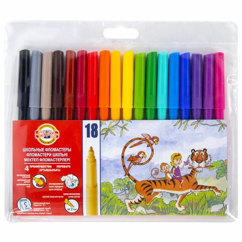 Фломастеры KOH-I-NOOR, 18 цветов, смываемые, трехгранные, пластиковая упаковка, европодвес, 771002AH04TERU 150656