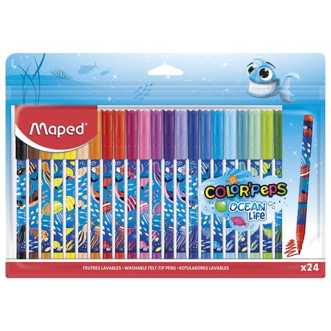 Фломастеры MAPED COLOR'PEPS "Ocean Life", 24 цвета, смываемые, вентилируемый колпачок, 845703 152560