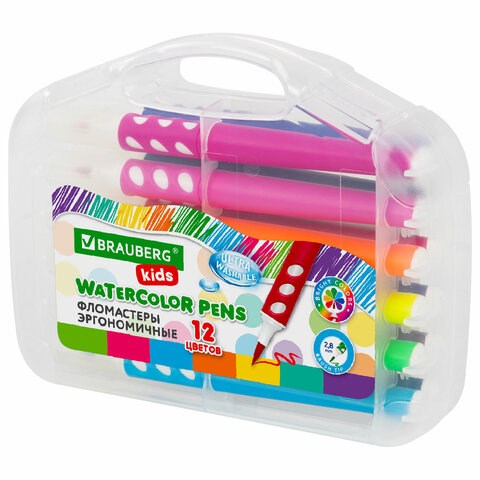Фломастеры в суперкейсе эргономичные 12 цветов, вентилируемый колпачок, BRAUBERG KIDS, 152184 152184