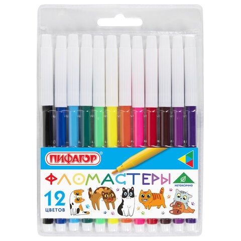 Фломастеры ПИФАГОР "ВЕСЕЛЫЕ ПИТОМЦЫ", 12 цветов, невентилируемый колпачок, 152452 152452