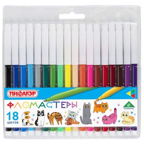 Фломастеры ПИФАГОР "ВЕСЕЛЫЕ ПИТОМЦЫ", 18 цветов, невентилируемый колпачок, 152453 152453