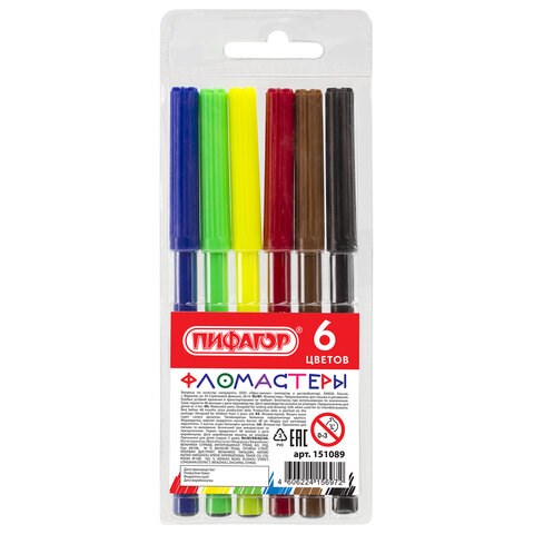 Фломастеры ПИФАГОР, 6 цветов, вентилируемый колпачок, 151089 151089