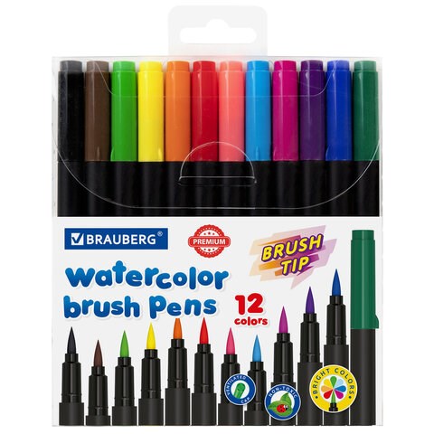 Фломастеры с наконечником-кистью 12 цветов, вентилируемый колпачок, BRAUBERG "PREMIUM", 152195 152195