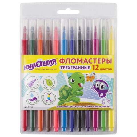 Фломастеры ЮНЛАНДИЯ 12 цветов, "ЗООПАРК", трехгранные, вентилируемый колпачок, 151425 151425