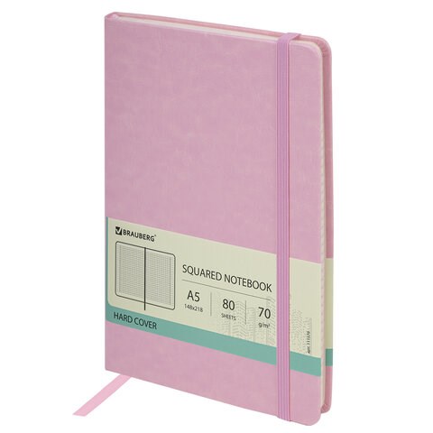 Блокнот А5 (148x218 мм), BRAUBERG "Metropolis Special", под кожу, 80 л., резинка, клетка, розовый, 111579 111579
