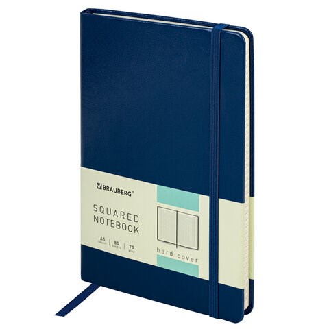 Блокнот А5 (148x218 мм), BRAUBERG "Metropolis Special", под кожу, 80 л., резинка, клетка, синий, 111574 111574