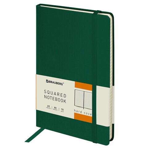 Блокнот А5 (148x218 мм), BRAUBERG "Metropolis", балакрон, 80 л., резинка, клетка, зеленый, 111583 111583