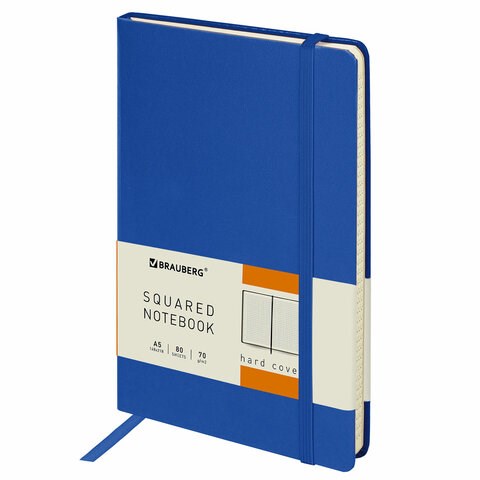 Блокнот А5 (148x218 мм), BRAUBERG "Metropolis", балакрон, 80 л., резинка, клетка, синий, 111582 111582