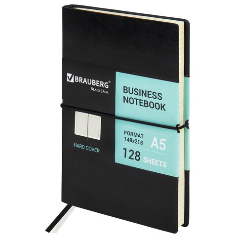 Блокнот А5 (148х218 мм), BRAUBERG "Black Jack", 128 л., гладкий кожзам, резинка, клетка, черный, 125240 125240