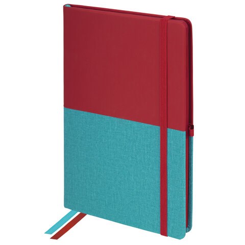 Блокнот А5 (148х218 мм), BRAUBERG "DUO", под кожу с резинкой 80 л., клетка, красный/бирюзовый, 113431 113431