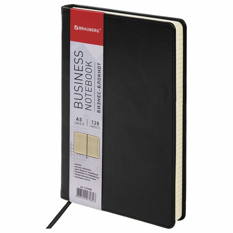 Блокнот А5 (148х218 мм), BRAUBERG "Income", 128 л., гладкий кожзаменитель, клетка, черный, 125208 125208