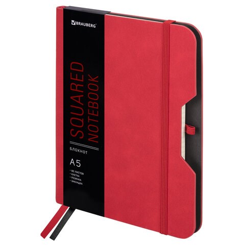 Блокнот А5 (162х218 мм), BRAUBERG "NOTE", под кожу софт-тач, с резинкой, 80 л., клетка, красный, 113439 113439