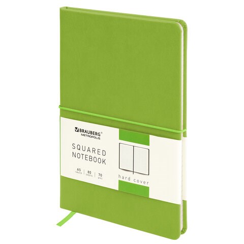 Блокнот А5 148x218 мм, BRAUBERG Metropolis X, под кожу, 80 л., резинка, клетка, светло-зеленый, 111033 111033