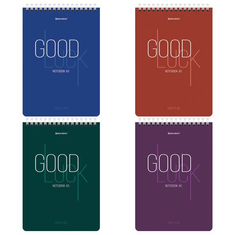 Блокнот А5 (146х206 мм), 80 л., гребень, картон, жесткая подложка, клетка, BRAUBERG, "Good Luck", 114384 114384