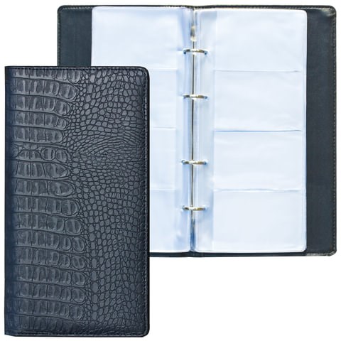 Визитница на кольцах BRAUBERG "Cayman", на 240 визиток, под кожу крокодила, черная, 231763 231763