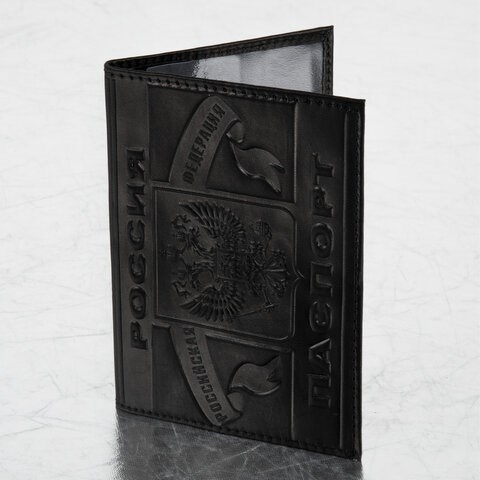 Обложка для паспорта натуральная кожа краст, герб РФ + "ПАСПОРТ РОССИЯ", черная, BRAUBERG, 238209 238209
