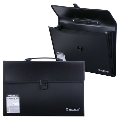 Папка-портфель пластиковая BRAUBERG А4+ (390х260х40 мм), 3 отделения, фактура линейная, черная, 221389 221389