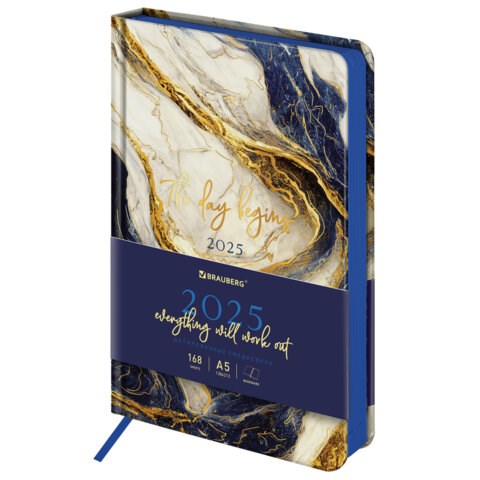 Ежедневник датированный 2025 А5 138x213 мм BRAUBERG "Vista", под кожу твердый, "Blue Marble", 115871 115871