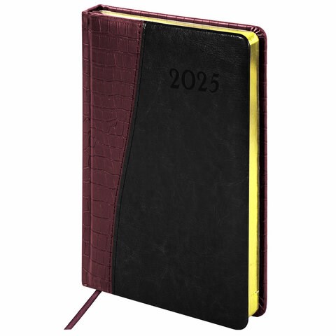 Ежедневник датированный 2025, А5, 138x213 мм, BRAUBERG "Cayman", под кожу, бордовый/черный, 115771 115771