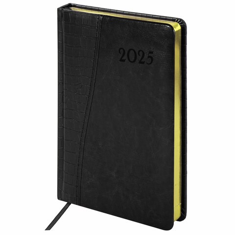 Ежедневник датированный 2025, А5, 138x213 мм, BRAUBERG "Cayman", под кожу, черный, 115772 115772