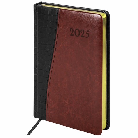 Ежедневник датированный 2025, А5, 138x213 мм, BRAUBERG "Cayman", под кожу, черный/коричневый, 115770 115770