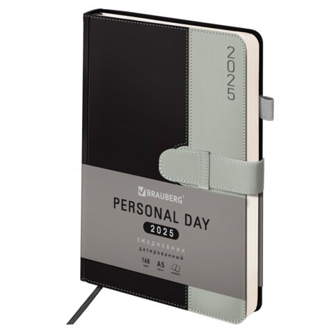 Ежедневник датированный 2025, А5, 138х213 мм, BRAUBERG "Esthetic", под кожу, держатель для ручки, застежка, черный/серый, 115926 115926