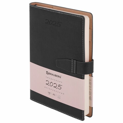 Ежедневник датированный 2025, А5, 143х218 мм, BRAUBERG "Journal", под кожу, застежка, органайзер, черный, 115882 115882