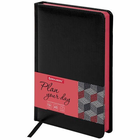 Ежедневник недатированный А5 138x213 мм BRAUBERG "Rainbow", под кожу, 136 л., черный/красный, 113498 113498