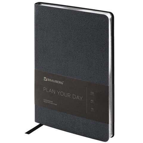 Ежедневник недатированный А5 138х213 мм BRAUBERG "Metallic", под кожу, 136 л., гибкий, черный, 113374 113374