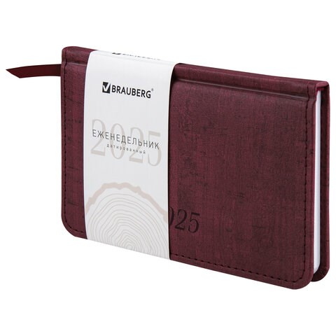 Еженедельник датированный 2025 МАЛЫЙ ФОРМАТ 95х155 мм А6, BRAUBERG "Wood", под кожу, бордовый, 115986 115986