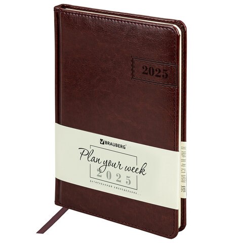 Еженедельник датированный 2025, А5, 145х215 мм, BRAUBERG "Imperial", под кожу, коричневый, 115963 115963