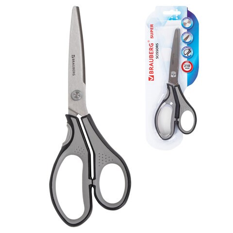 Ножницы BRAUBERG "SUPER", 210 мм, серо-черные, 2-х сторонняя заточка, эргономичные ручки, 237296 237296