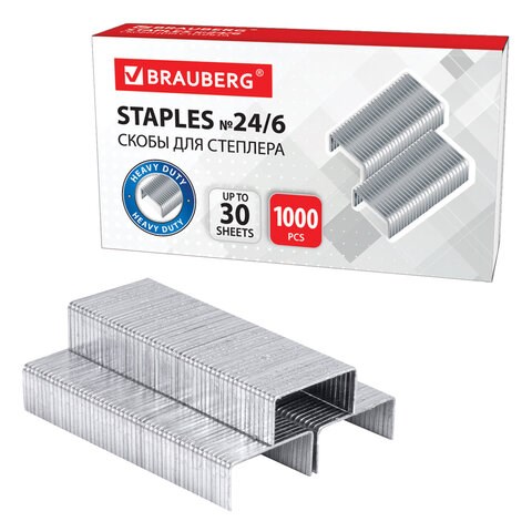 Скобы для степлера №24/6, 1000 штук, BRAUBERG, до 30 листов, 220950 220950