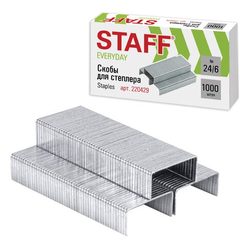 Скобы для степлера №24/6, 1000 штук, STAFF "EVERYDAY", до 30 листов, 220429 220429