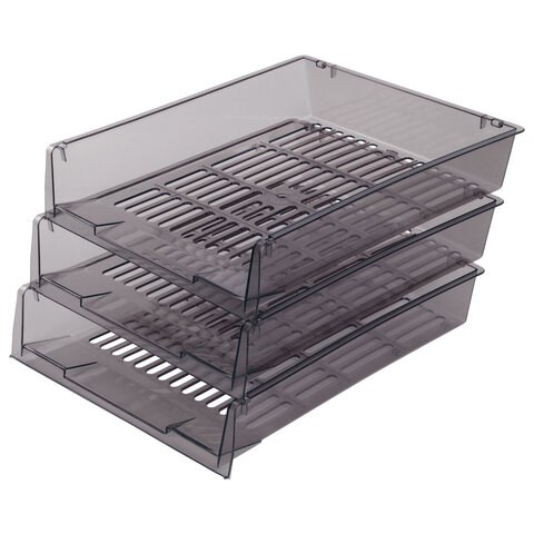 Лотки горизонтальные для бумаг, КОМПЛЕКТ 3 шт., 340х270х70 мм, тонированный серый, BRAUBERG "Office", 237257 237257