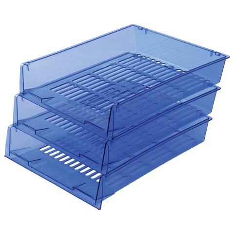 Лотки горизонтальные для бумаг, КОМПЛЕКТ 3 шт., 340х270х70 мм, тонированный синий, BRAUBERG "Office", 237259 237259