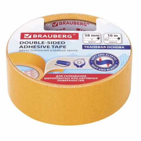 Клейкая двухсторонняя лента 38 мм х 10 м, ТКАНЕВАЯ ОСНОВА, BRAUBERG, 606428 606428