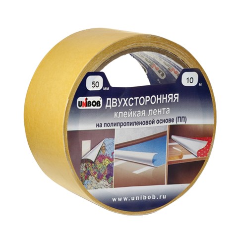 Клейкая двухсторонняя лента 50 мм х 10 м, ПОЛИПРОПИЛЕНОВАЯ ОСНОВА, UNIBOB, 28211 600180